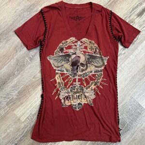 Affliction Y2K Red Skull Graphic V-Neck T-Shirt Whipstitch Women Medium